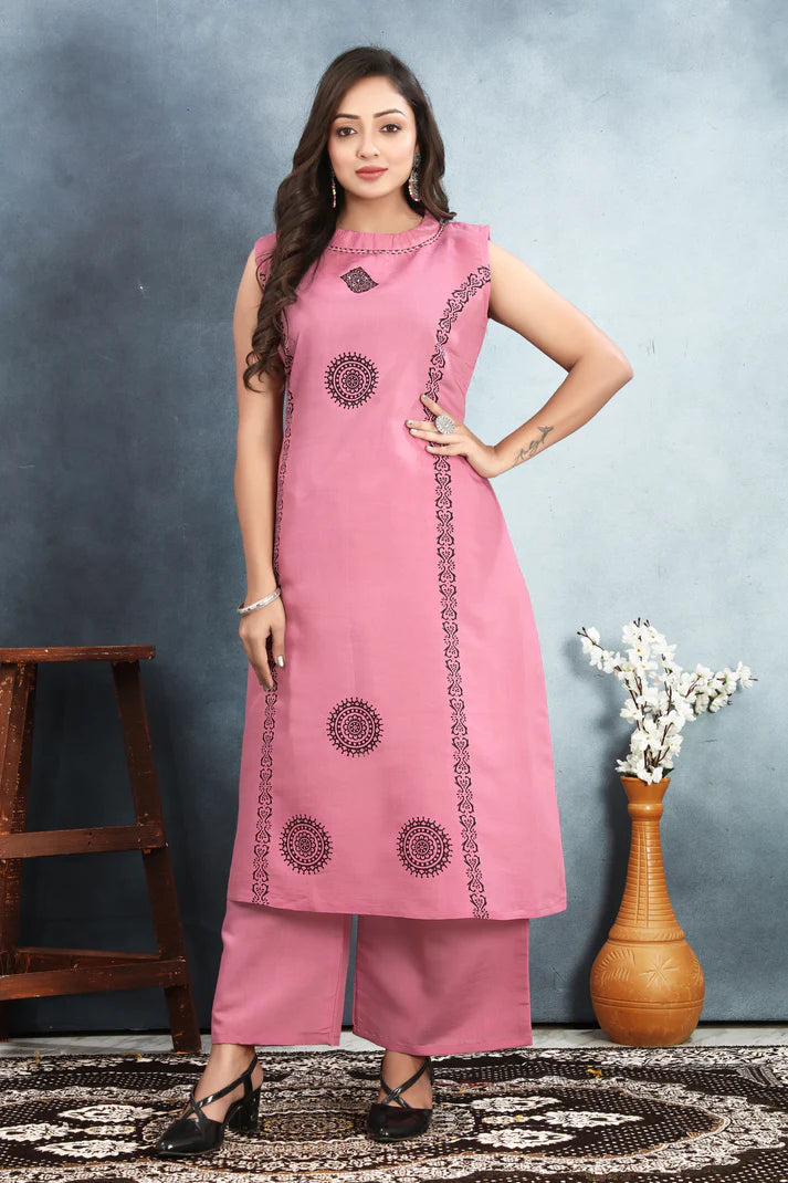 Stylish Roman Silk Suit Set with Sequin & Block Print