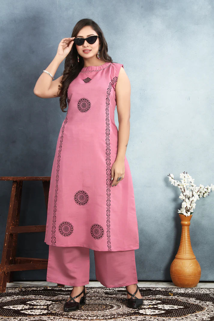 Stylish Roman Silk Suit Set with Sequin & Block Print