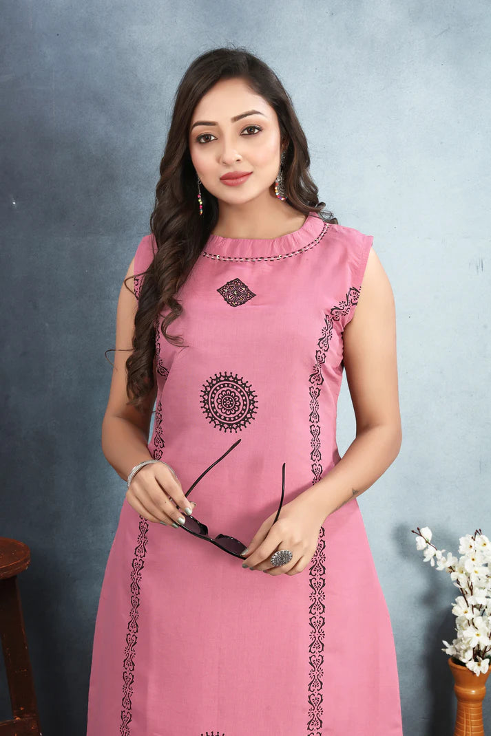 Stylish Roman Silk Suit Set with Sequin & Block Print