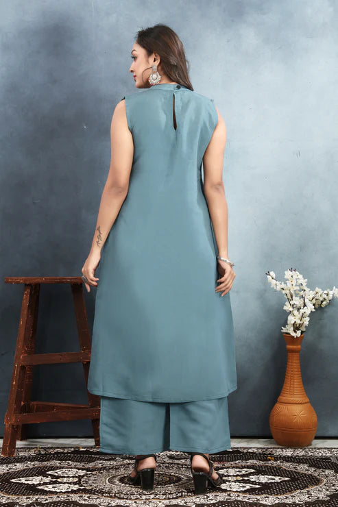 Stylish Roman Silk Suit Set with Sequin & Block Print
