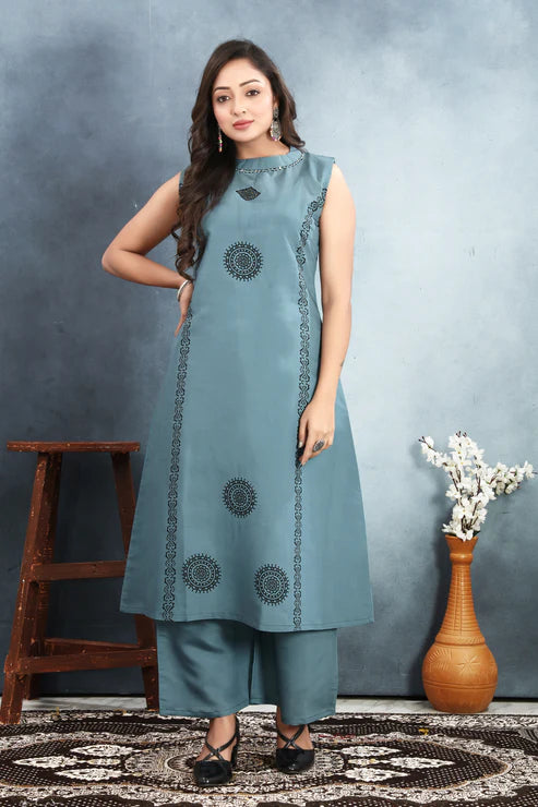 Stylish Roman Silk Suit Set with Sequin & Block Print
