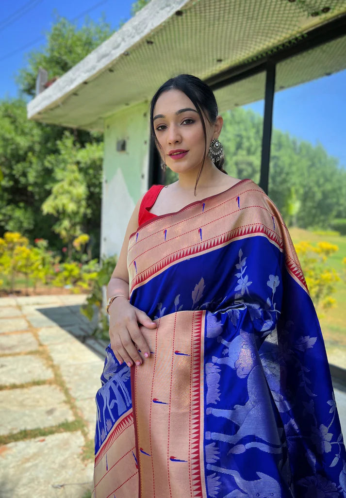 Dixz Fashion Pure soft paithani silk saree with rich weaved paithani pallu