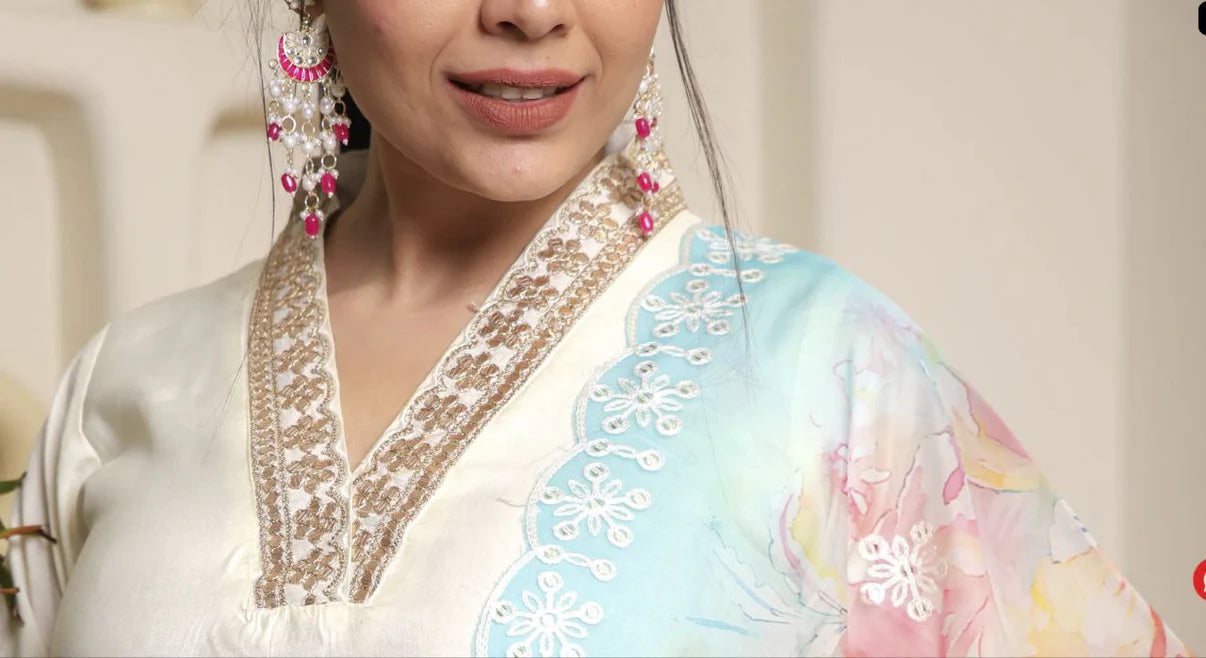 Dixz Fashion Embroidered Pv Chanderi Cotton Suit Set with Organza Dupatta