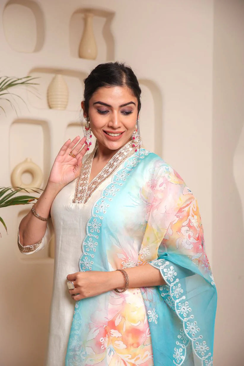 Dixz Fashion Embroidered Pv Chanderi Cotton Suit Set with Organza Dupatta