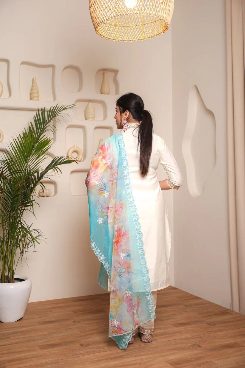Dixz Fashion Embroidered Pv Chanderi Cotton Suit Set with Organza Dupatta
