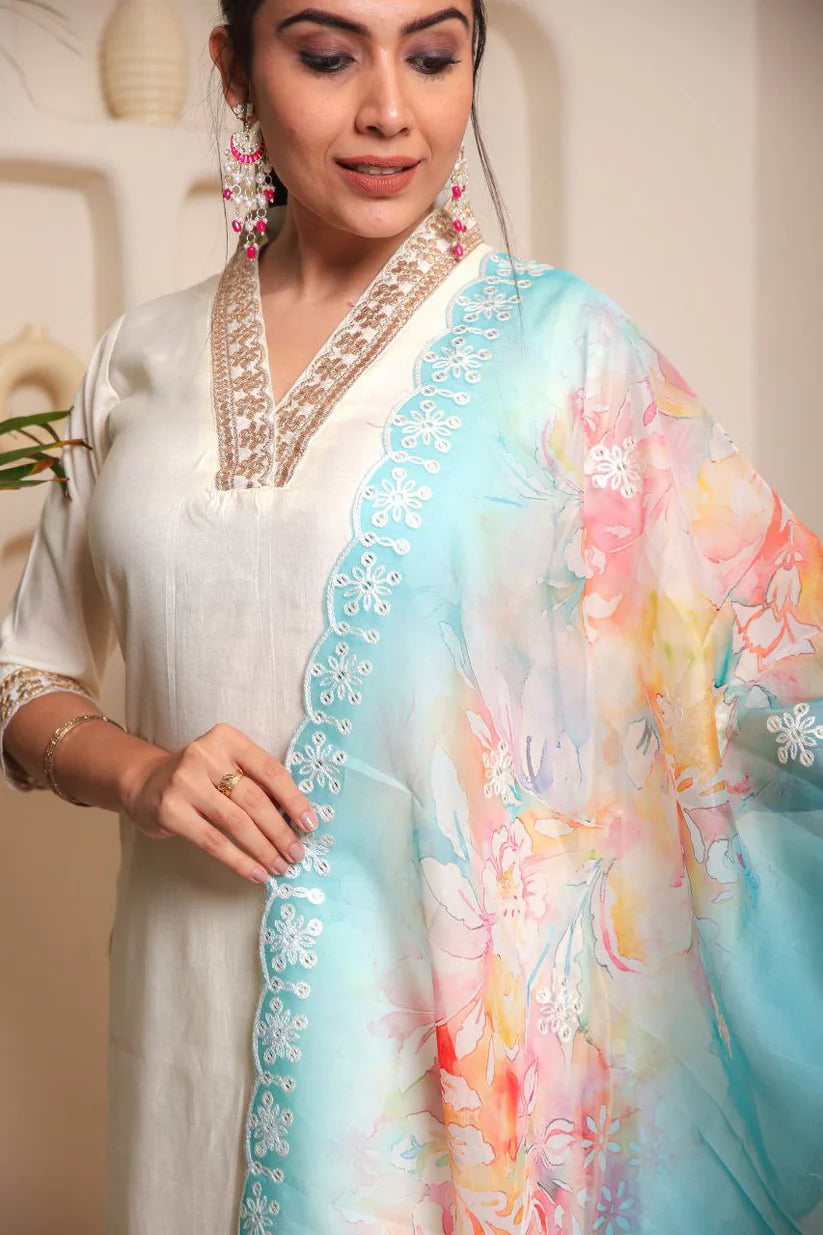 Dixz Fashion Embroidered Pv Chanderi Cotton Suit Set with Organza Dupatta