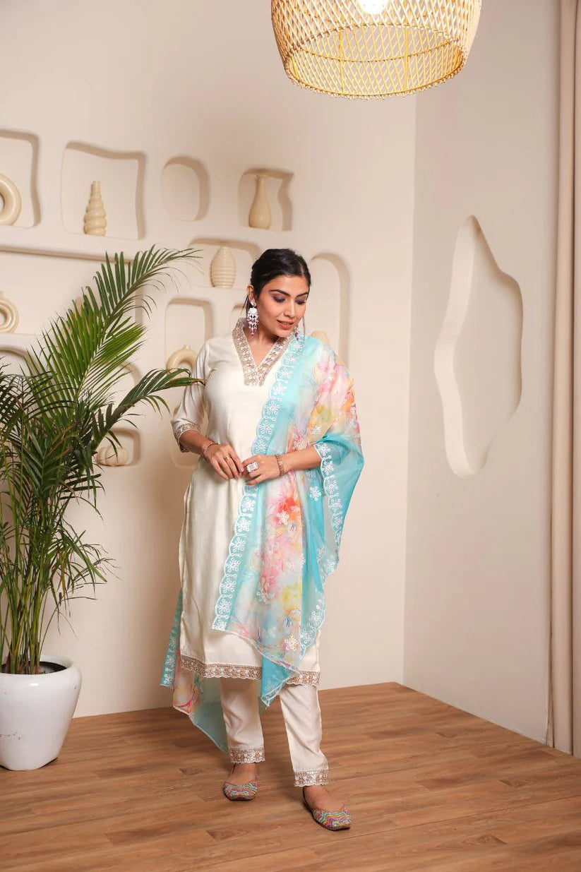 Dixz Fashion Embroidered Pv Chanderi Cotton Suit Set with Organza Dupatta