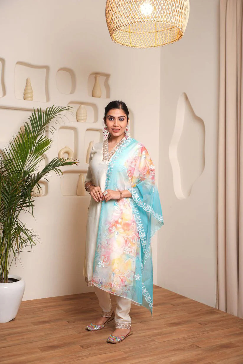 Dixz Fashion Embroidered Pv Chanderi Cotton Suit Set with Organza Dupatta