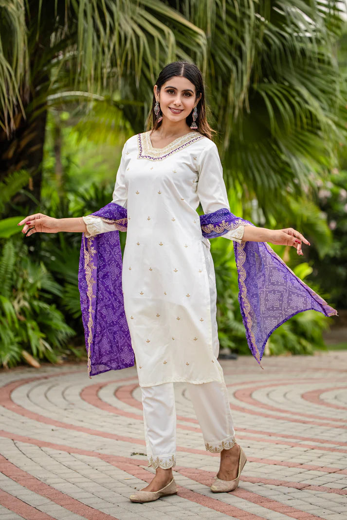 Dixz Fashion Designer Roman Silk Kurti Set with Sequence Embroidery & Bandhani Dupatta