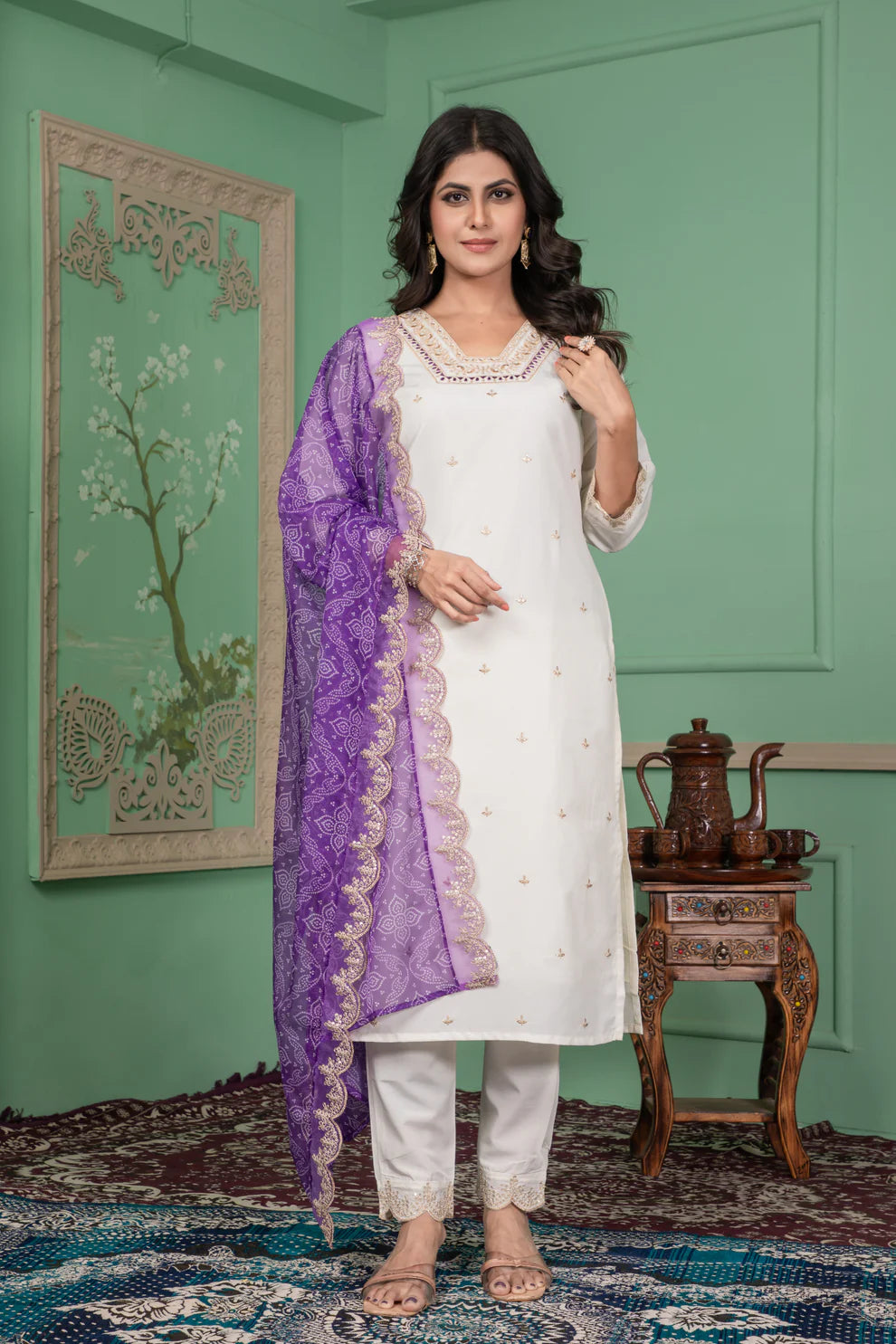 Dixz Fashion Designer Roman Silk Kurti Set with Sequence Embroidery & Bandhani Dupatta