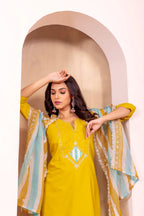 Dixz Fashion Elegant Roman Silk Suit Set with Embroidered Tabby Silk Dupatta