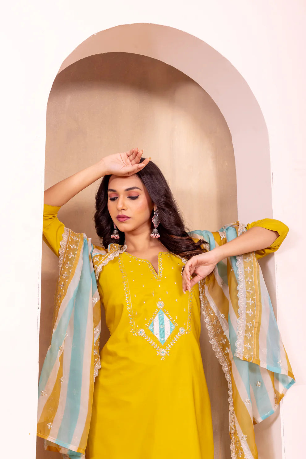 Dixz Fashion Elegant Roman Silk Suit Set with Embroidered Tabby Silk Dupatta