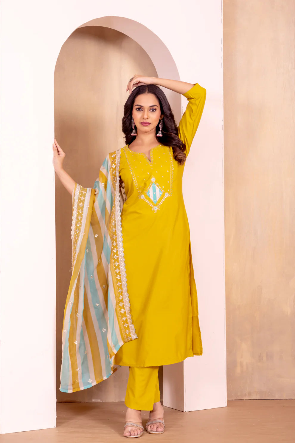 Dixz Fashion Elegant Roman Silk Suit Set with Embroidered Tabby Silk Dupatta
