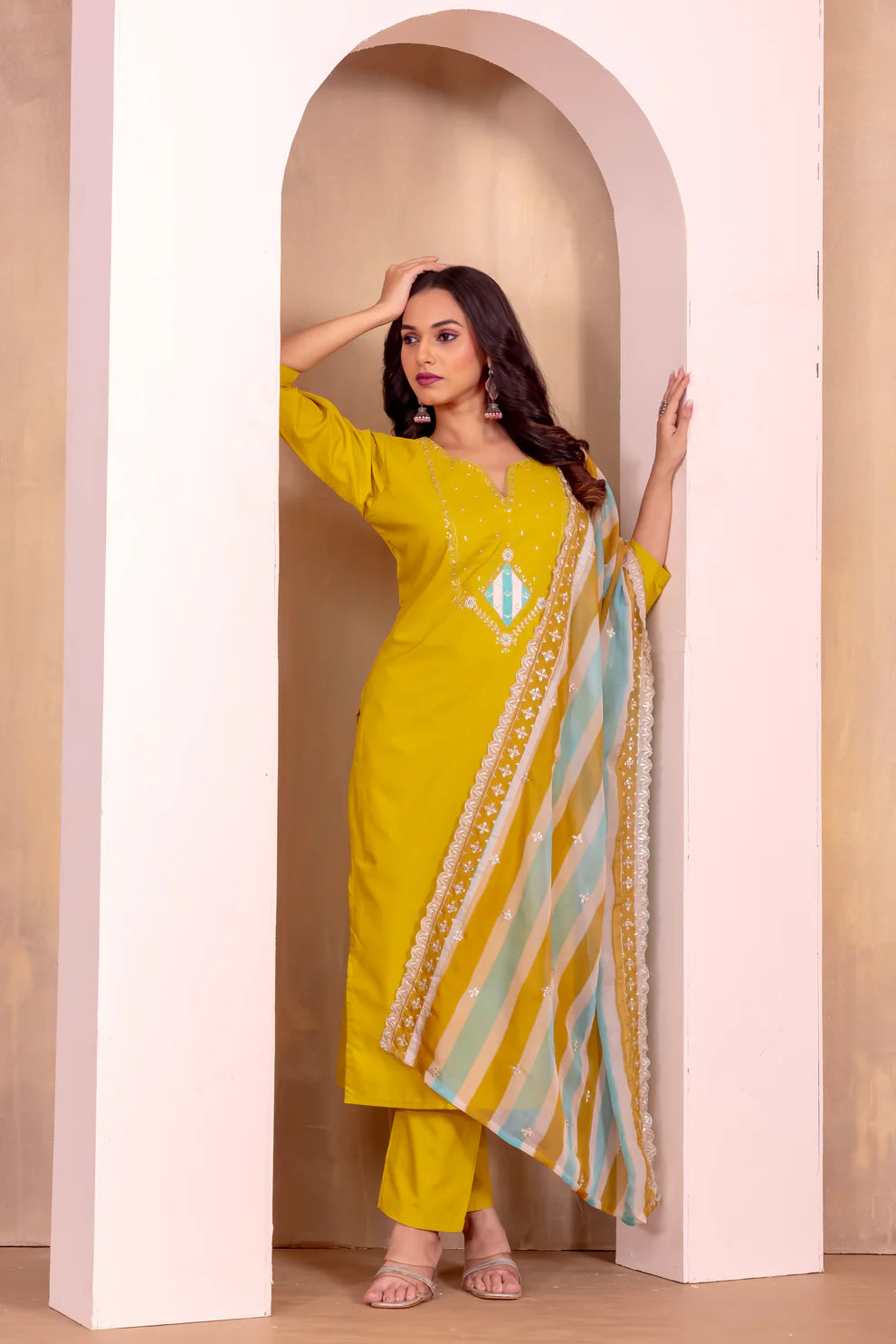 Dixz Fashion Elegant Roman Silk Suit Set with Embroidered Tabby Silk Dupatta