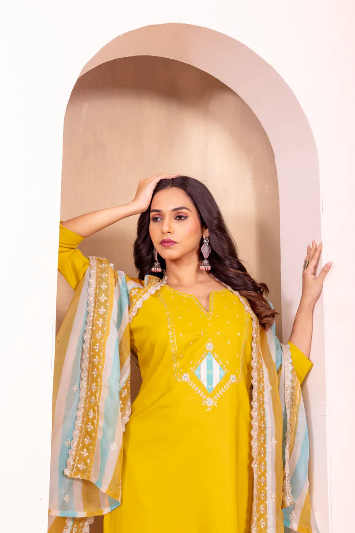 Dixz Fashion Elegant Roman Silk Suit Set with Embroidered Tabby Silk Dupatta