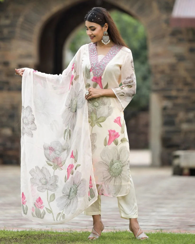 Dixz Fashion Printed Georgette Kurta Set with Embroidery and Matching Dupatta