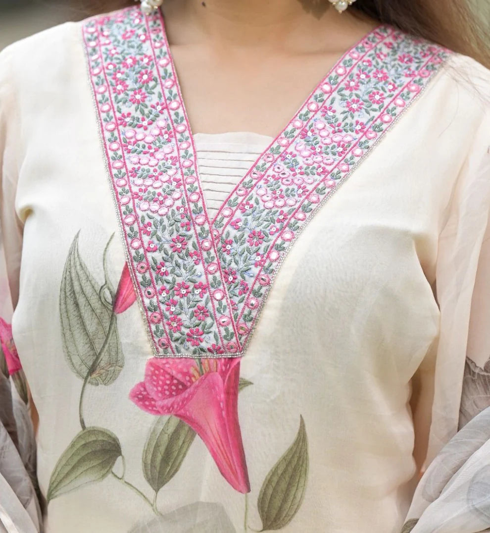 Dixz Fashion Printed Georgette Kurta Set with Embroidery and Matching Dupatta