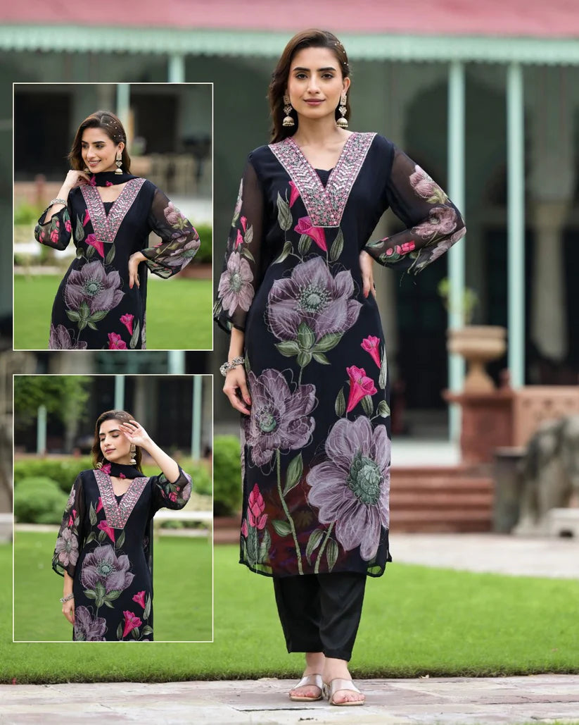 Dixz Fashion Printed Georgette Kurta Set with Embroidery and Matching Dupatta