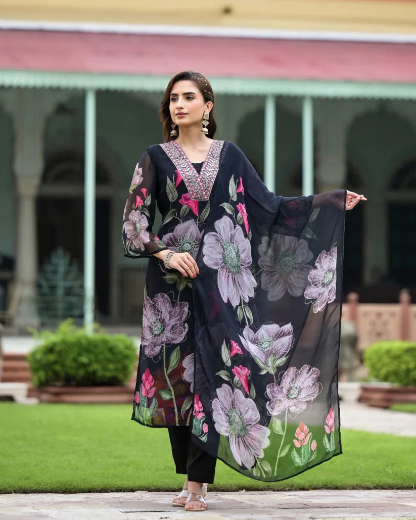 Dixz Fashion Printed Georgette Kurta Set with Embroidery and Matching Dupatta