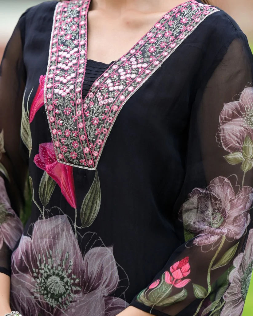 Dixz Fashion Printed Georgette Kurta Set with Embroidery and Matching Dupatta