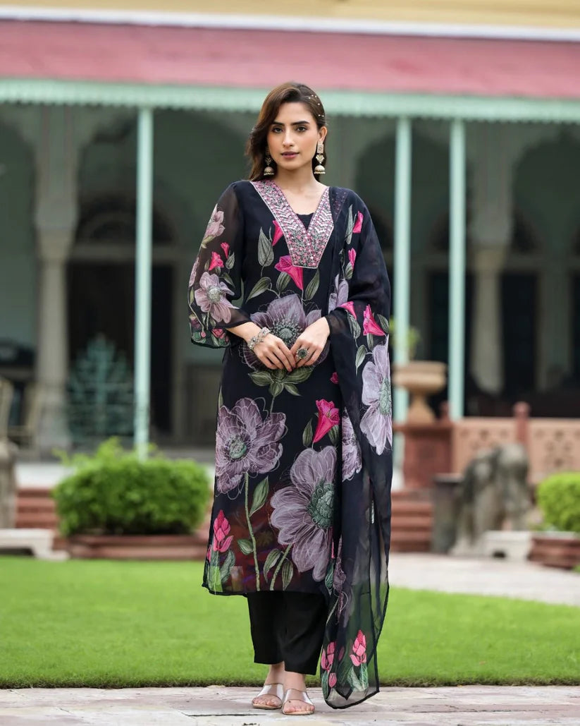 Dixz Fashion Printed Georgette Kurta Set with Embroidery and Matching Dupatta
