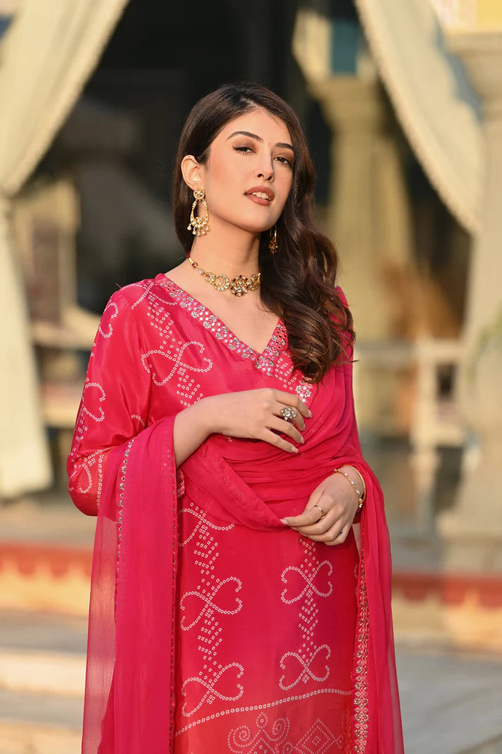Dixz Fashion Graceful Chinnon Silk Printed & Embroidered Suit Set