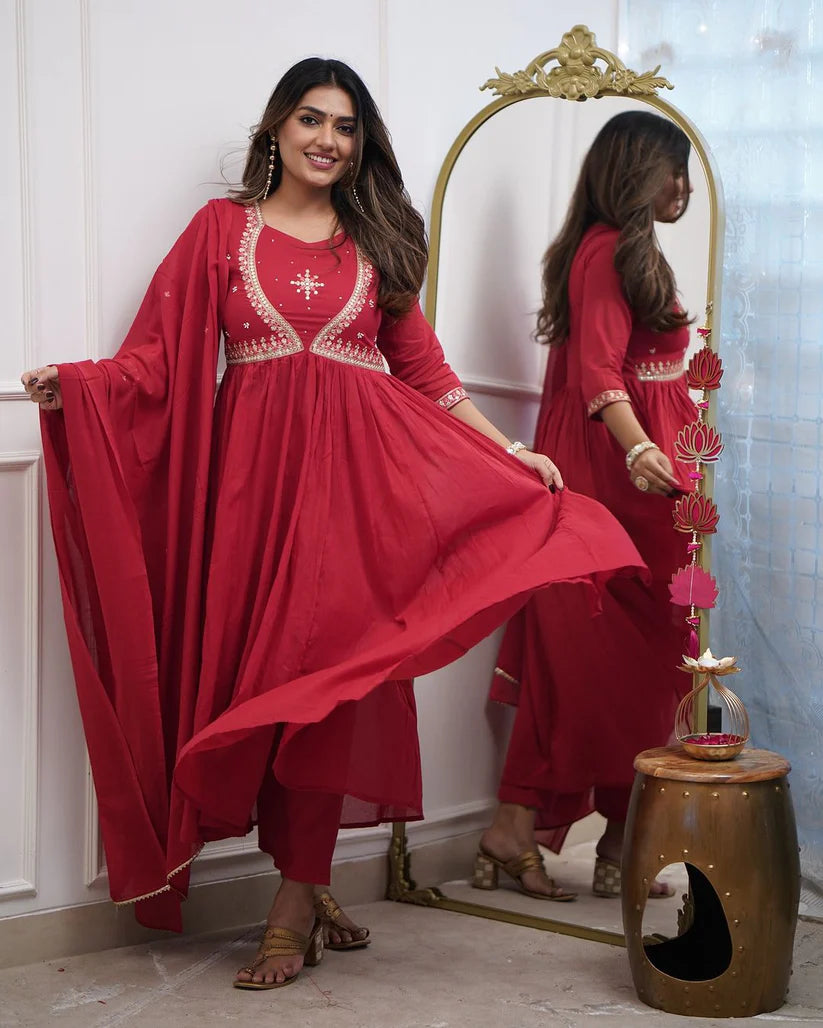 Dixz fashion Premium Muslin Cotton Anarkali Gown Set with Chanderi Dupatta – Elegant 3-Piece Set