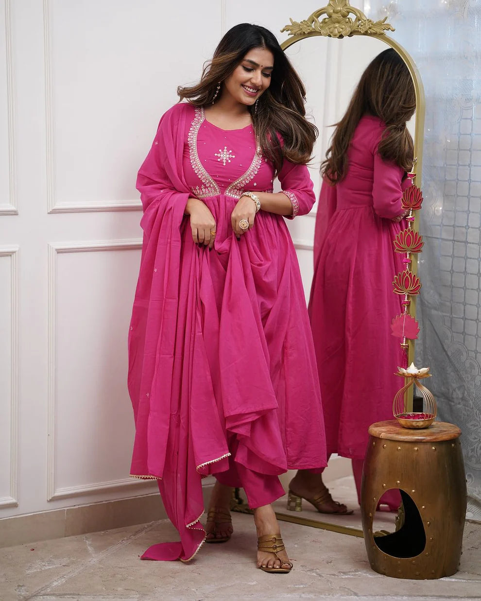 Dixz Fashion Premium Muslin Cotton Anarkali Gown Set with Chanderi Dupatta – Elegant 3-Piece Set