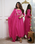 Dixz fashion Premium Muslin Cotton Anarkali Gown Set with Chanderi Dupatta – Elegant 3-Piece Set