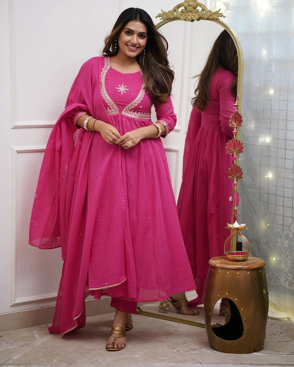 Dixz Fashion Premium Muslin Cotton Anarkali Gown Set with Chanderi Dupatta – Elegant 3-Piece Set