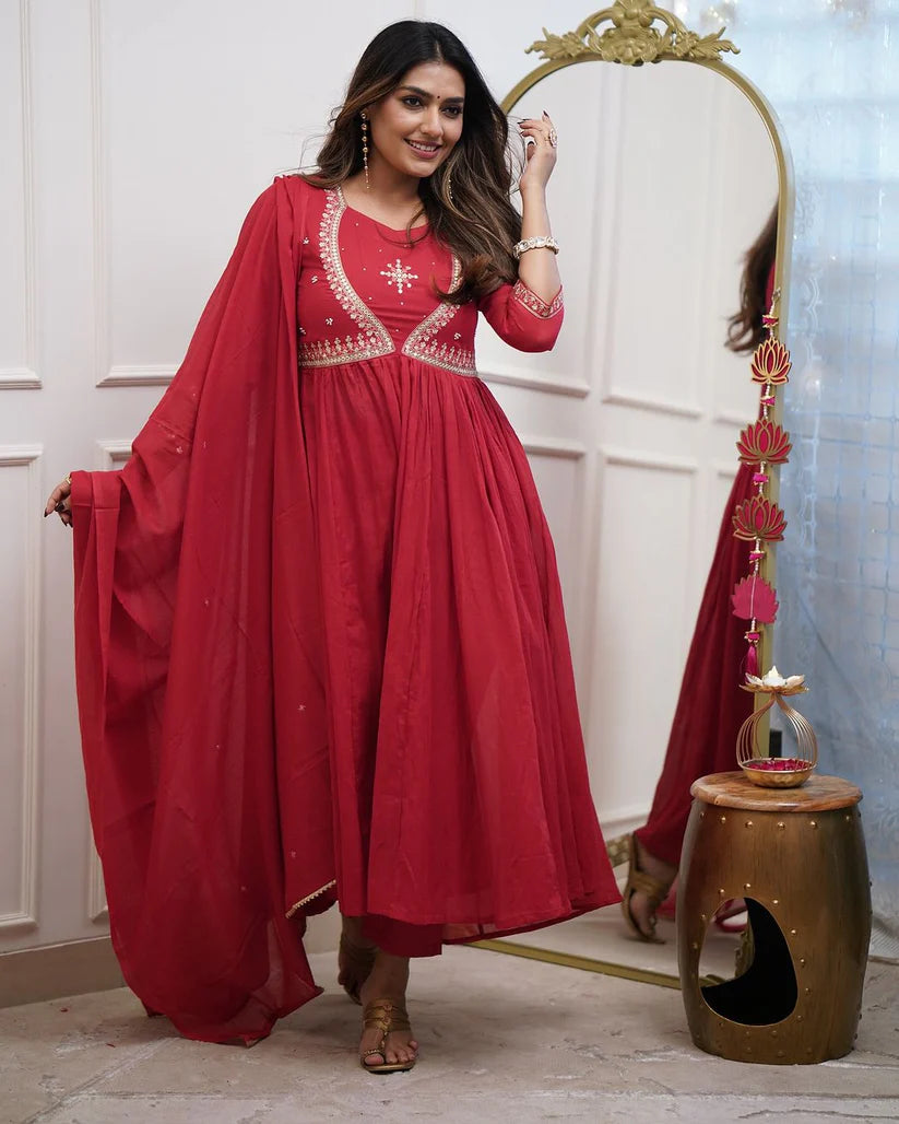 Dixz fashion Premium Muslin Cotton Anarkali Gown Set with Chanderi Dupatta – Elegant 3-Piece Set