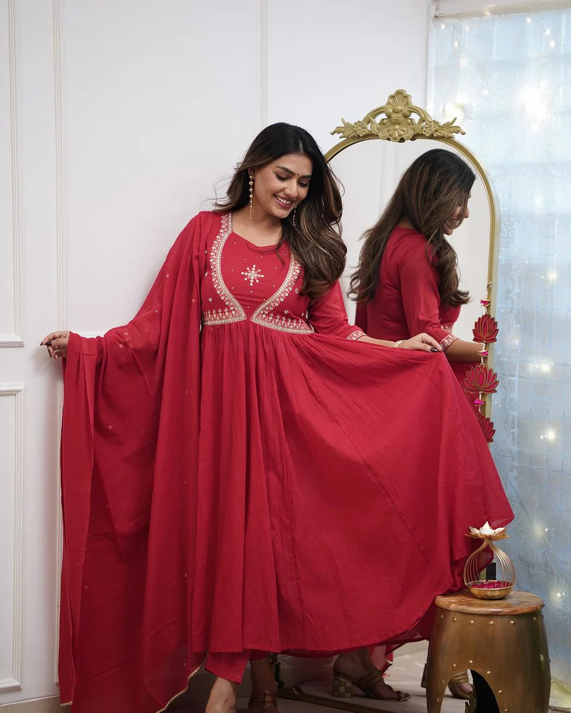 Dixz fashion Premium Muslin Cotton Anarkali Gown Set with Chanderi Dupatta – Elegant 3-Piece Set