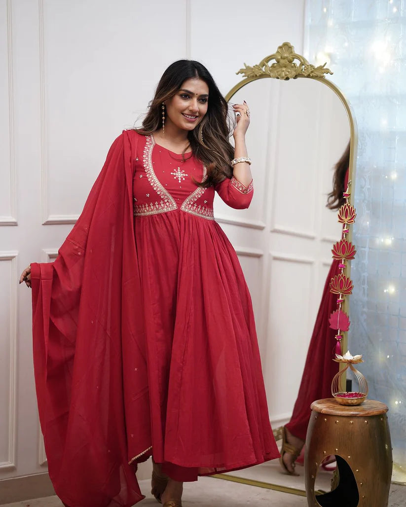 Dixz fashion Premium Muslin Cotton Anarkali Gown Set with Chanderi Dupatta – Elegant 3-Piece Set