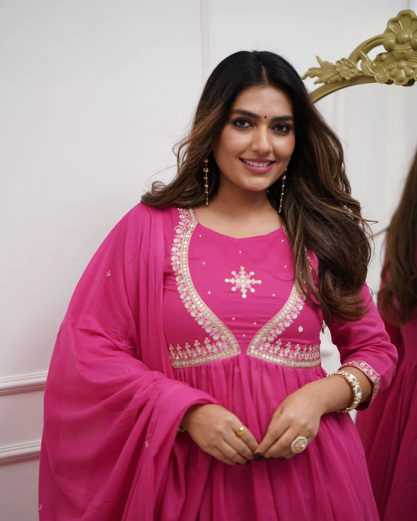 Dixz fashion Premium Muslin Cotton Anarkali Gown Set with Chanderi Dupatta – Elegant 3-Piece Set