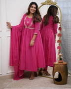 Dixz fashion Premium Muslin Cotton Anarkali Gown Set with Chanderi Dupatta – Elegant 3-Piece Set