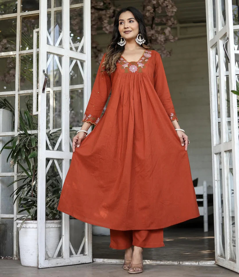 Dixz Fashion Graceful Soft Rayon Slub Anarkali Set with Chanderi Dupatta – 3-Piece Ethnic Wear