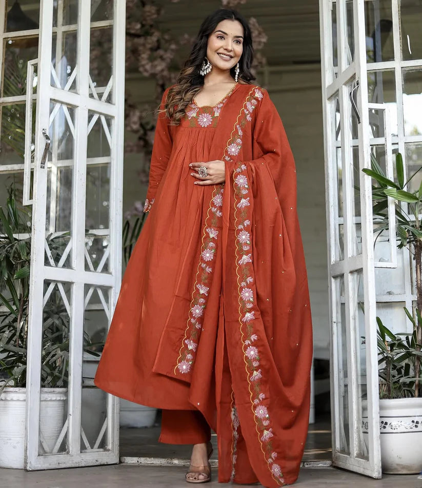 Dixz Fashion Graceful Soft Rayon Slub Anarkali Set with Chanderi Dupatta – 3-Piece Ethnic Wear