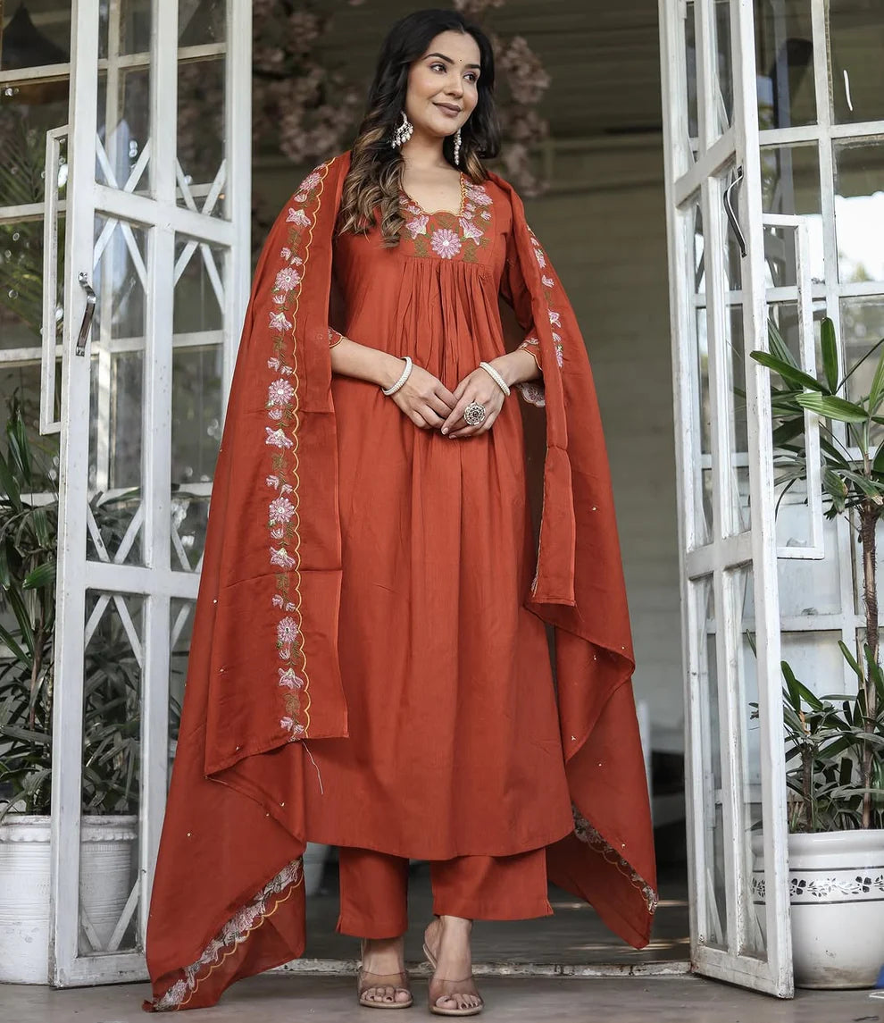 Dixz Fashion Graceful Soft Rayon Slub Anarkali Set with Chanderi Dupatta – 3-Piece Ethnic Wear
