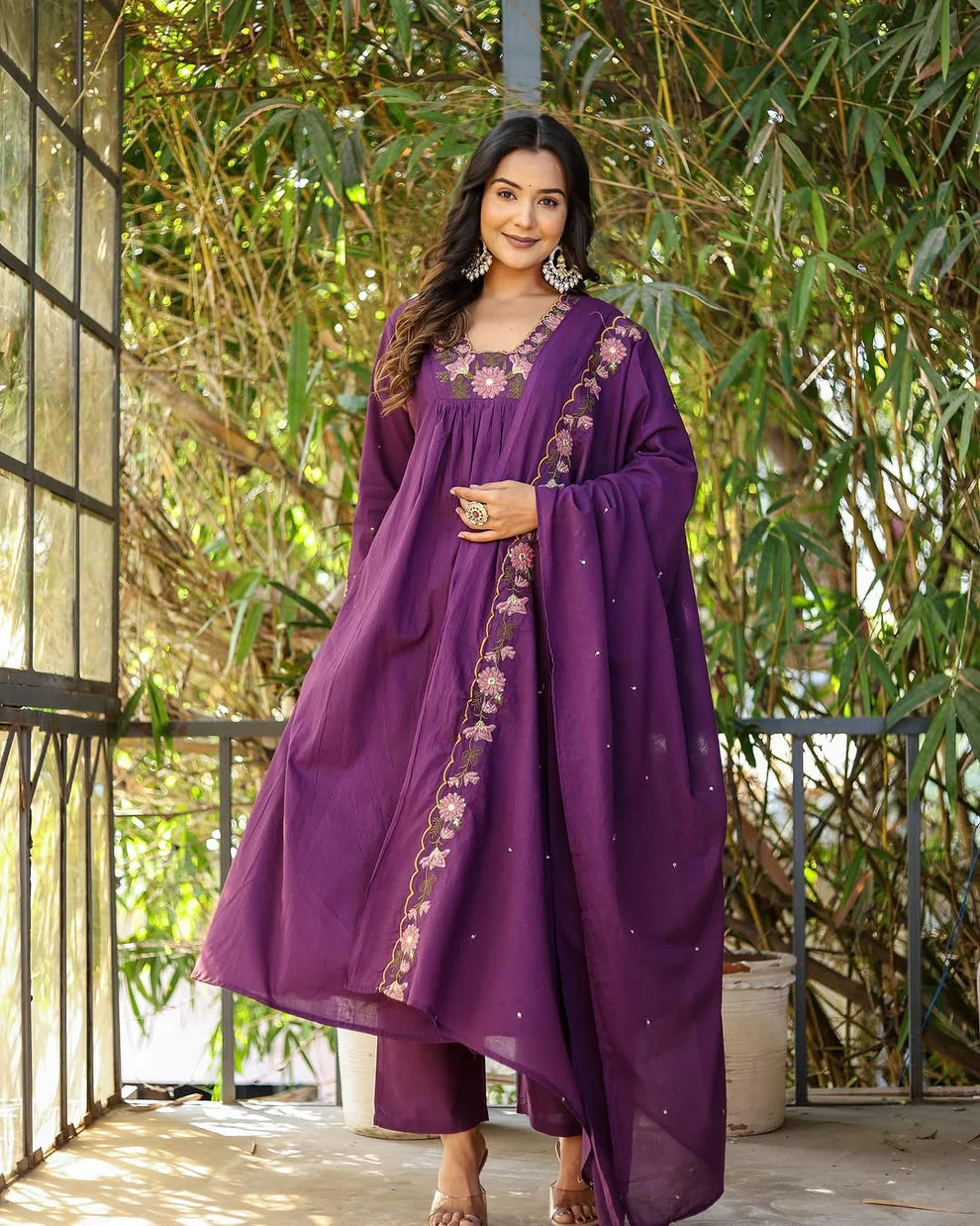 Dixz Fashion Graceful Soft Rayon Slub Anarkali Set with Chanderi Dupatta – 3-Piece Ethnic Wear