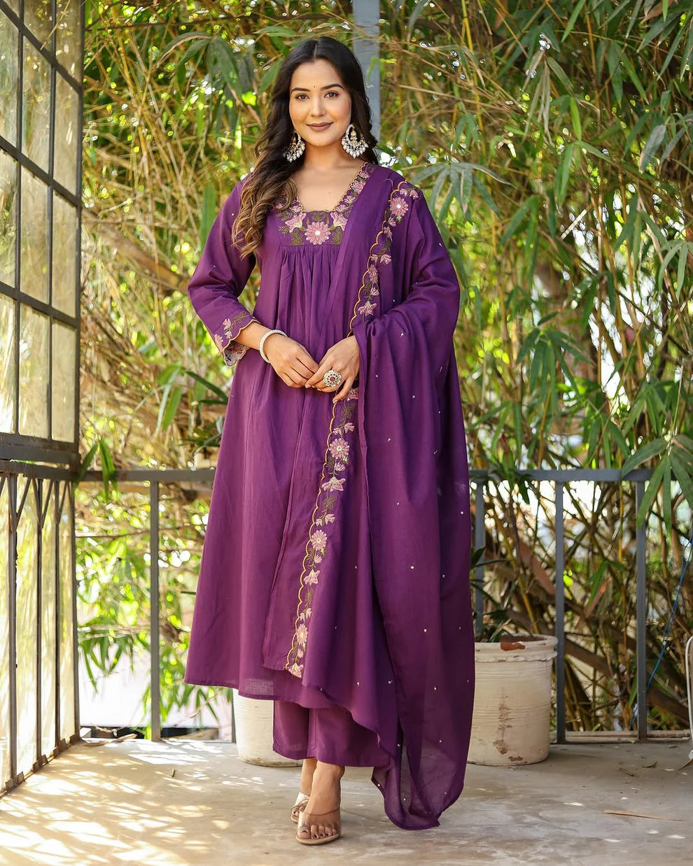 Dixz Fashion Graceful Soft Rayon Slub Anarkali Set with Chanderi Dupatta – 3-Piece Ethnic Wear