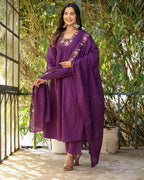 Dixz Fashion Graceful Soft Rayon Slub Anarkali Set with Chanderi Dupatta – 3-Piece Ethnic Wear