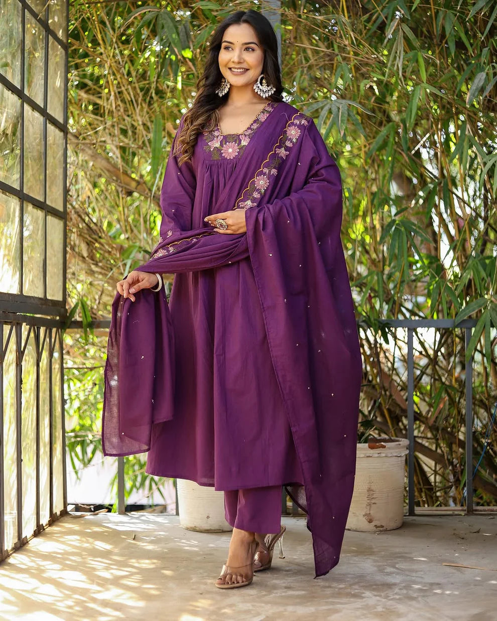 Dixz Fashion Graceful Soft Rayon Slub Anarkali Set with Chanderi Dupatta – 3-Piece Ethnic Wear