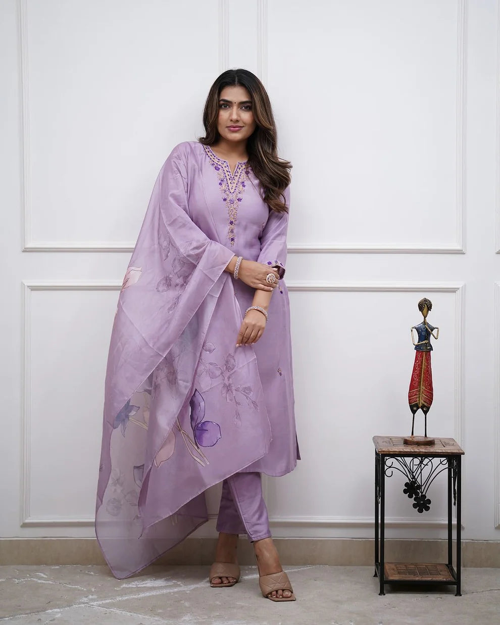 Dixz Fashion Elegant Rayon Slub Embroidered Suit Set with Printed Dupatta