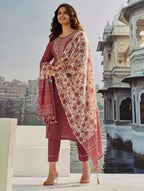 Dixz Fashion Graceful Cotton Silk Embroidered Suit Set with Printed Accents
