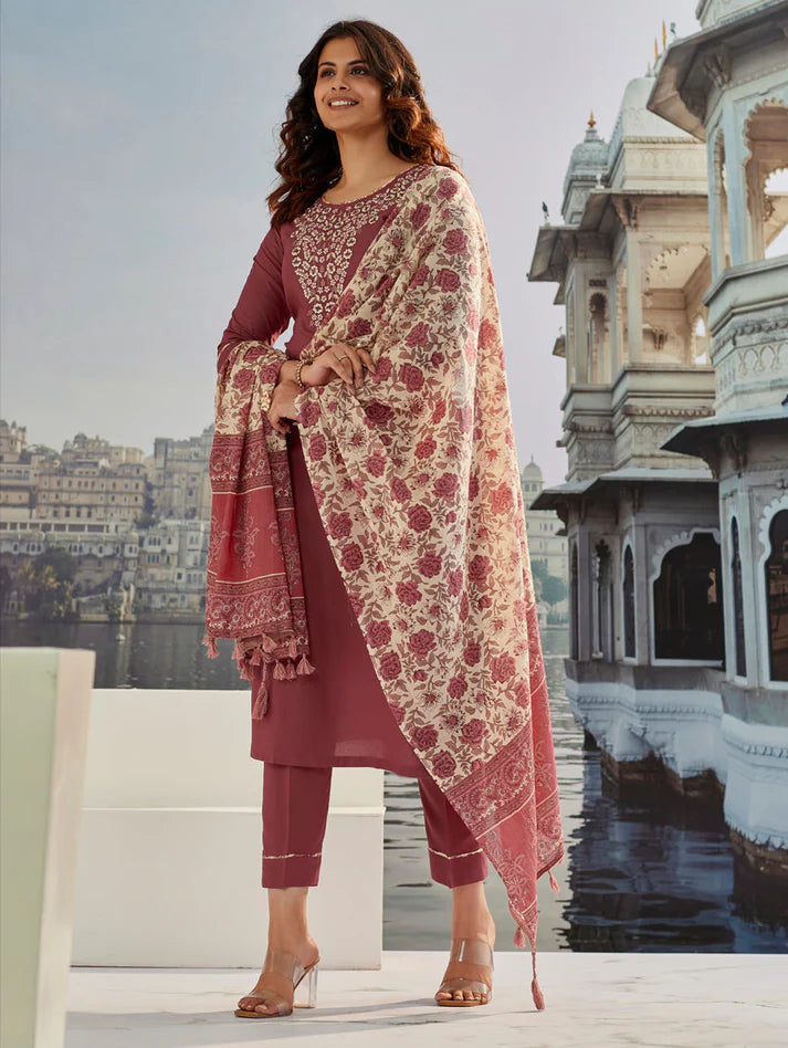 Dixz Fashion Graceful Cotton Silk Embroidered Suit Set with Printed Accents
