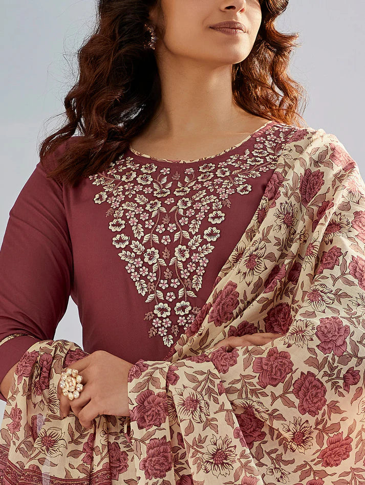 Dixz Fashion Graceful Cotton Silk Embroidered Suit Set with Printed Accents