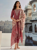 Dixz Fashion Graceful Cotton Silk Embroidered Suit Set with Printed Accents