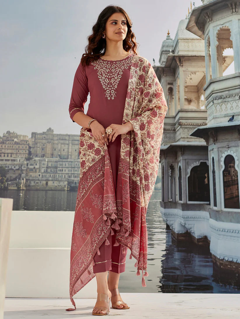 Dixz Fashion Graceful Cotton Silk Embroidered Suit Set with Printed Accents