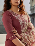 Dixz Fashion Graceful Cotton Silk Embroidered Suit Set with Printed Accents