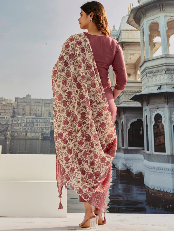 Dixz Fashion Graceful Cotton Silk Embroidered Suit Set with Printed Accents
